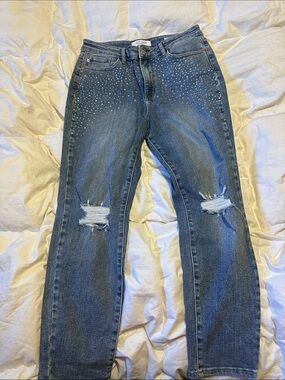 Judy Blue Rhinestone Embellished Distressed Blue Straight Leg Jeans